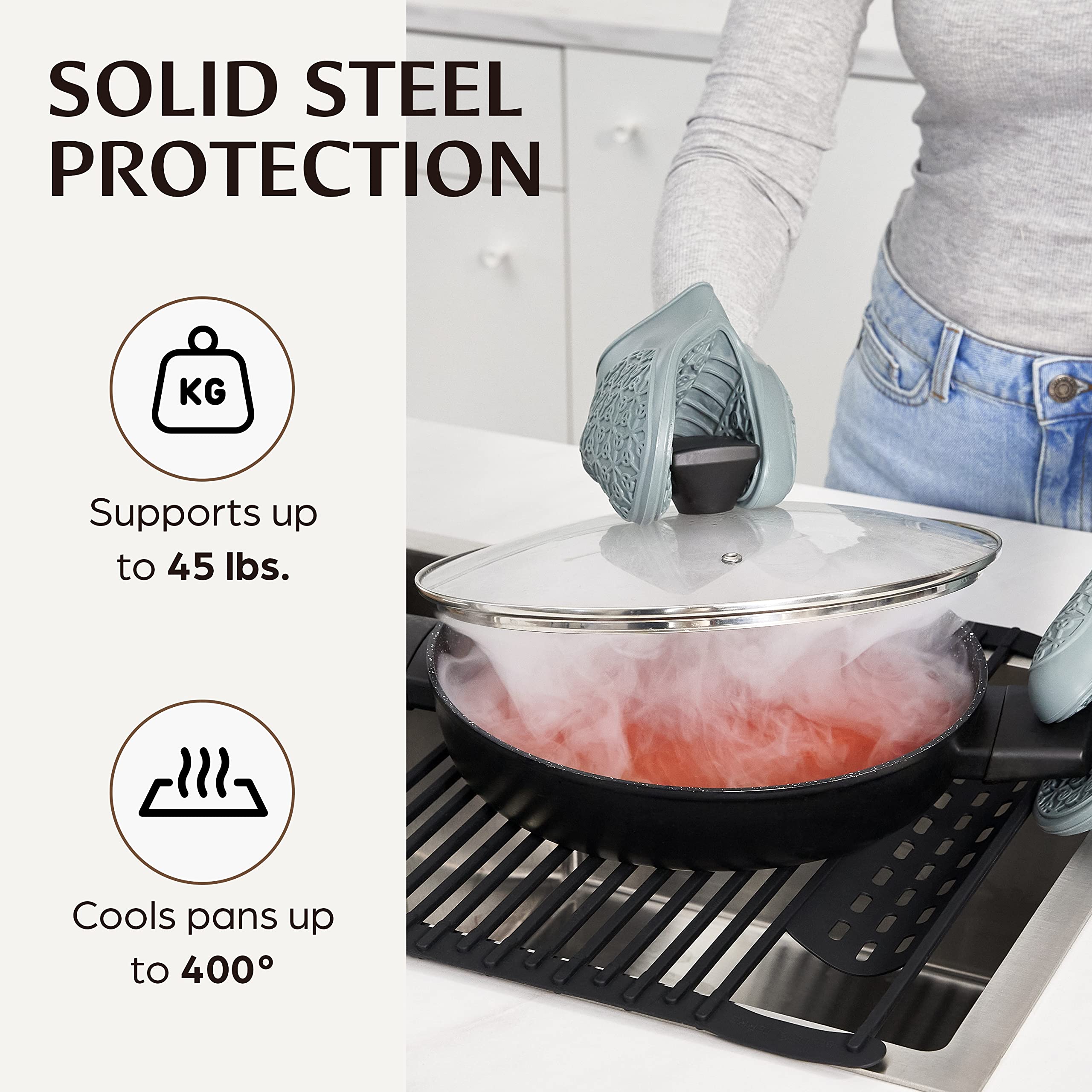 BELLE TERRE non-slip silicone coating protects dishes on the roll-up rack while drying