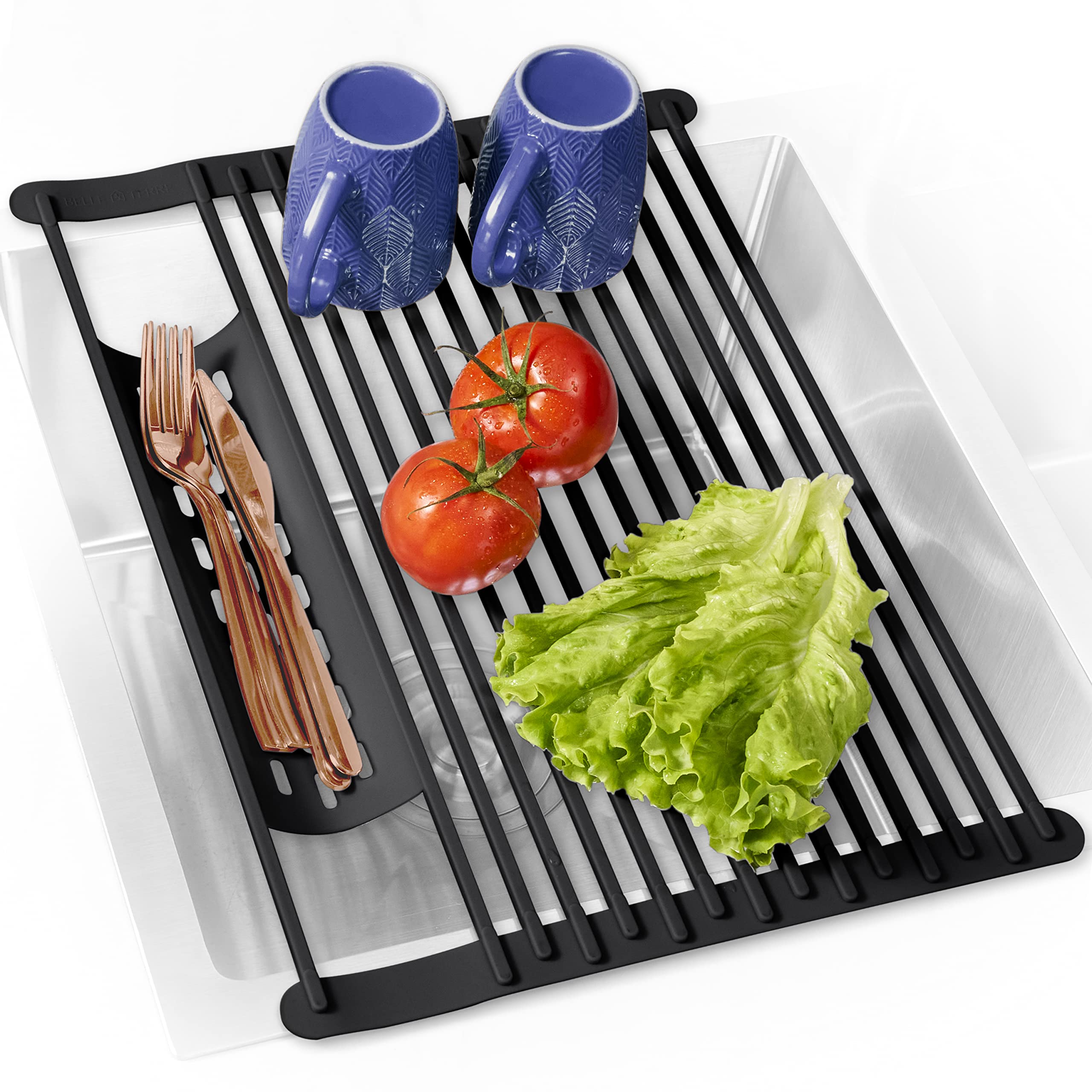 BELLE TERRE roll-up dish rack with silicone-wrapped bars for safe, non-slip drying
