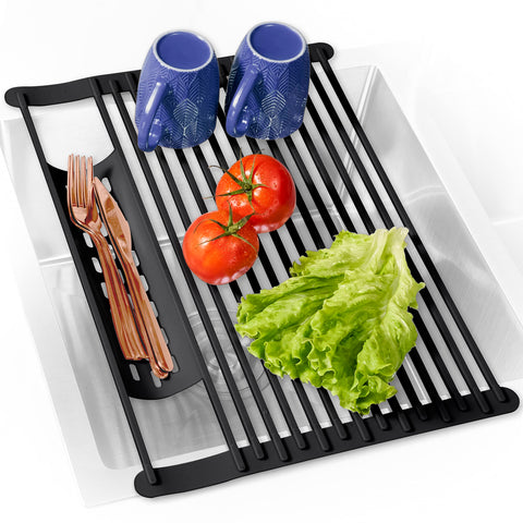 BELLE TERRE roll-up dish rack with silicone-wrapped bars for safe, non-slip drying