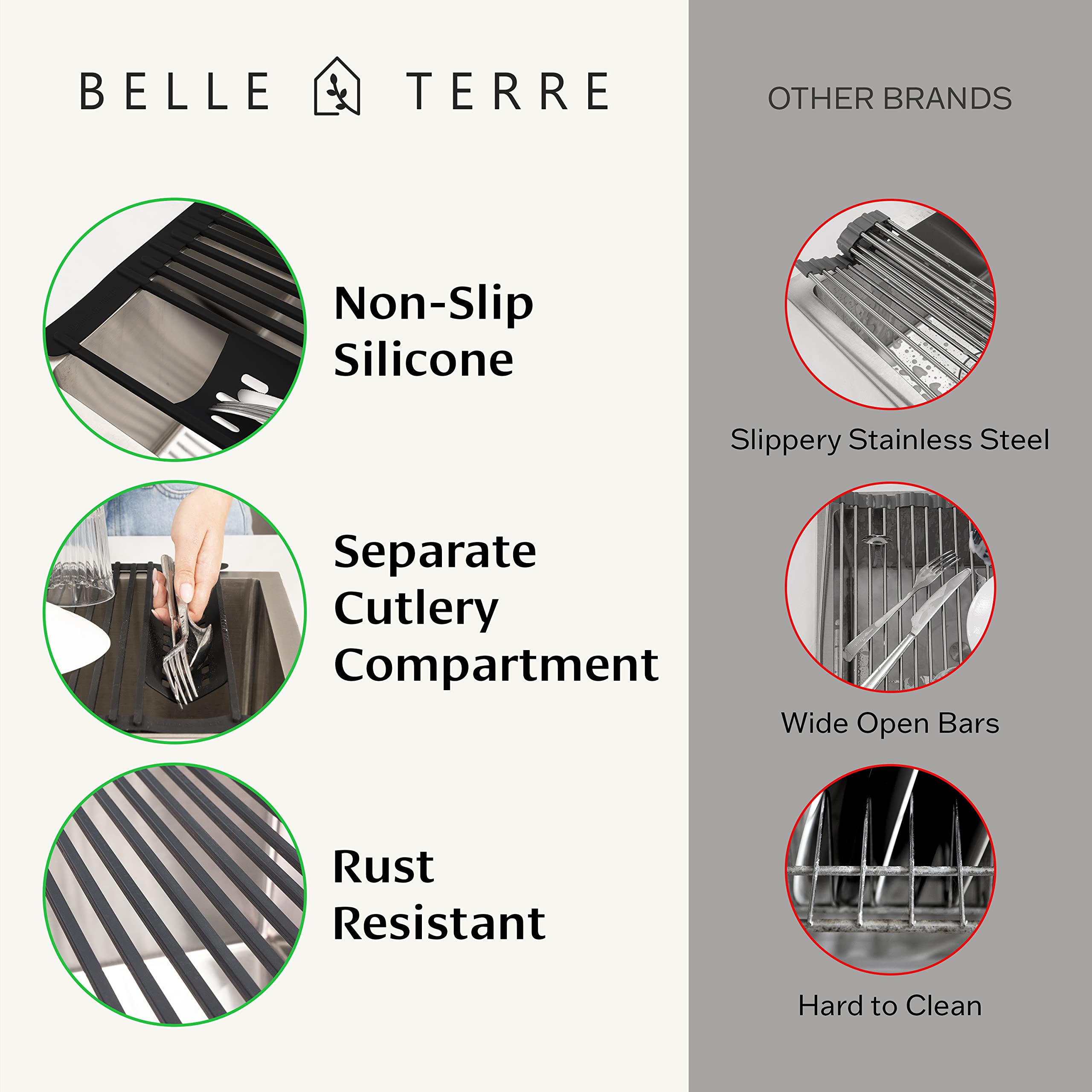Compact sink organizer tray included with BELLE TERRE roll-up rack for utensils