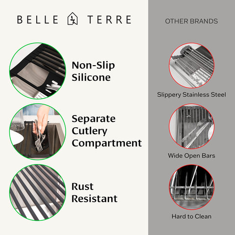 Compact sink organizer tray included with BELLE TERRE roll-up rack for utensils