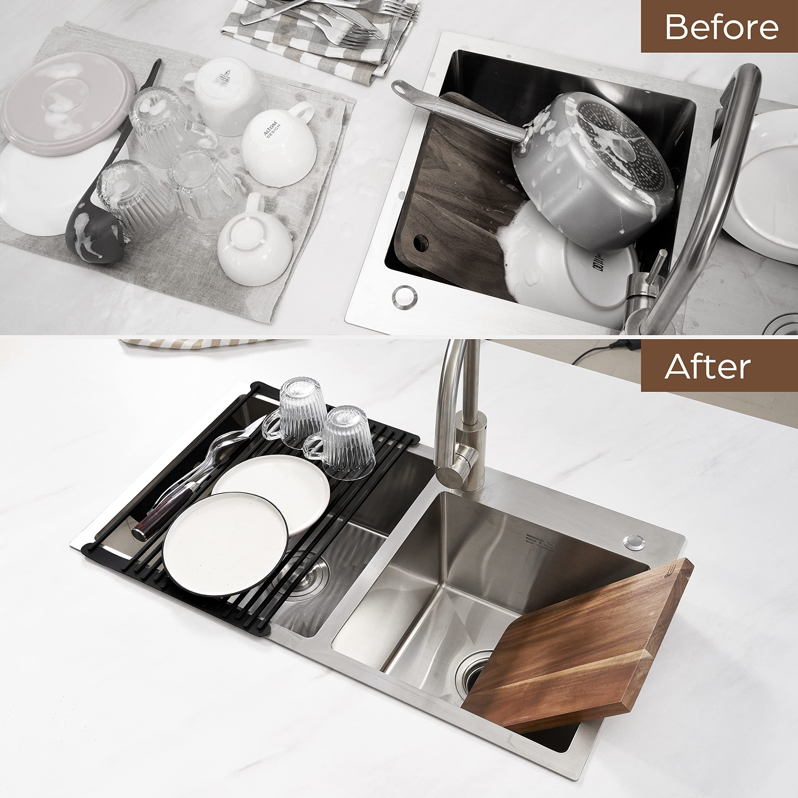 Sleek minimalist BELLE TERRE roll-up drying rack fits over small sinks to save space