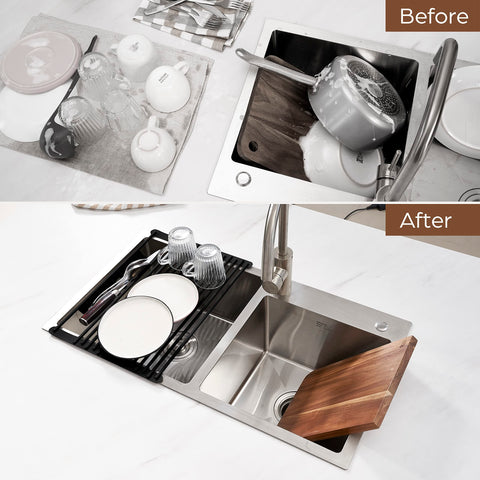 Sleek minimalist BELLE TERRE roll-up drying rack fits over small sinks to save space