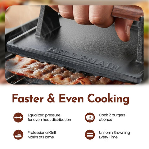 Bellemain cast-iron press creates crisp sear marks on burgers