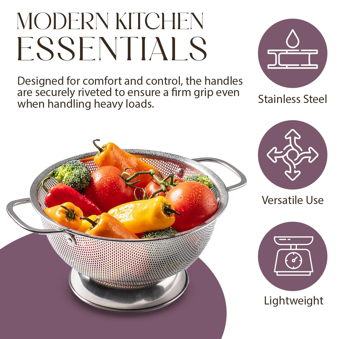 Bellemain colander with polished micro-holes speeds water drainage.