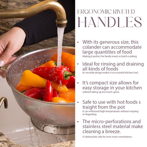 Bellemain colander with no-tip base stays stable during draining.