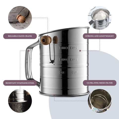 Bellemain crank-operated flour sifter offering smooth action during baking tasks.