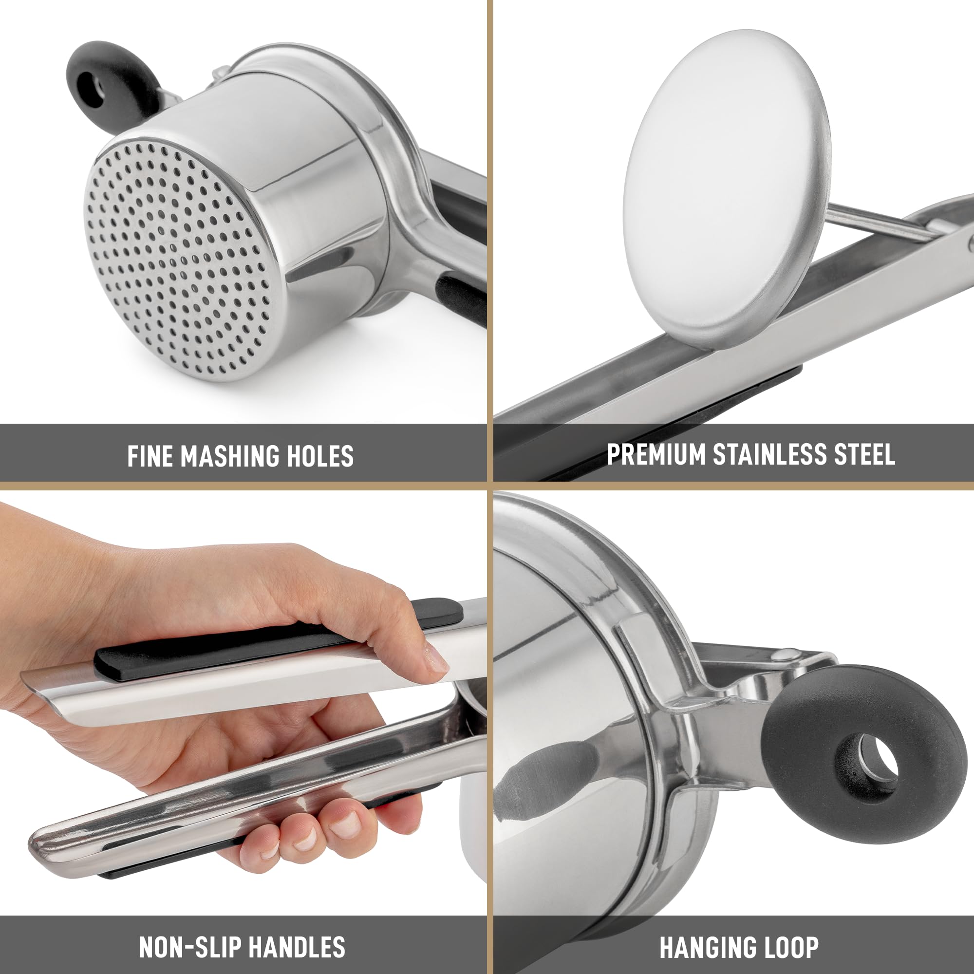 Bellemain fine-mesh holes create ultra-smooth, lump-free potatoes.