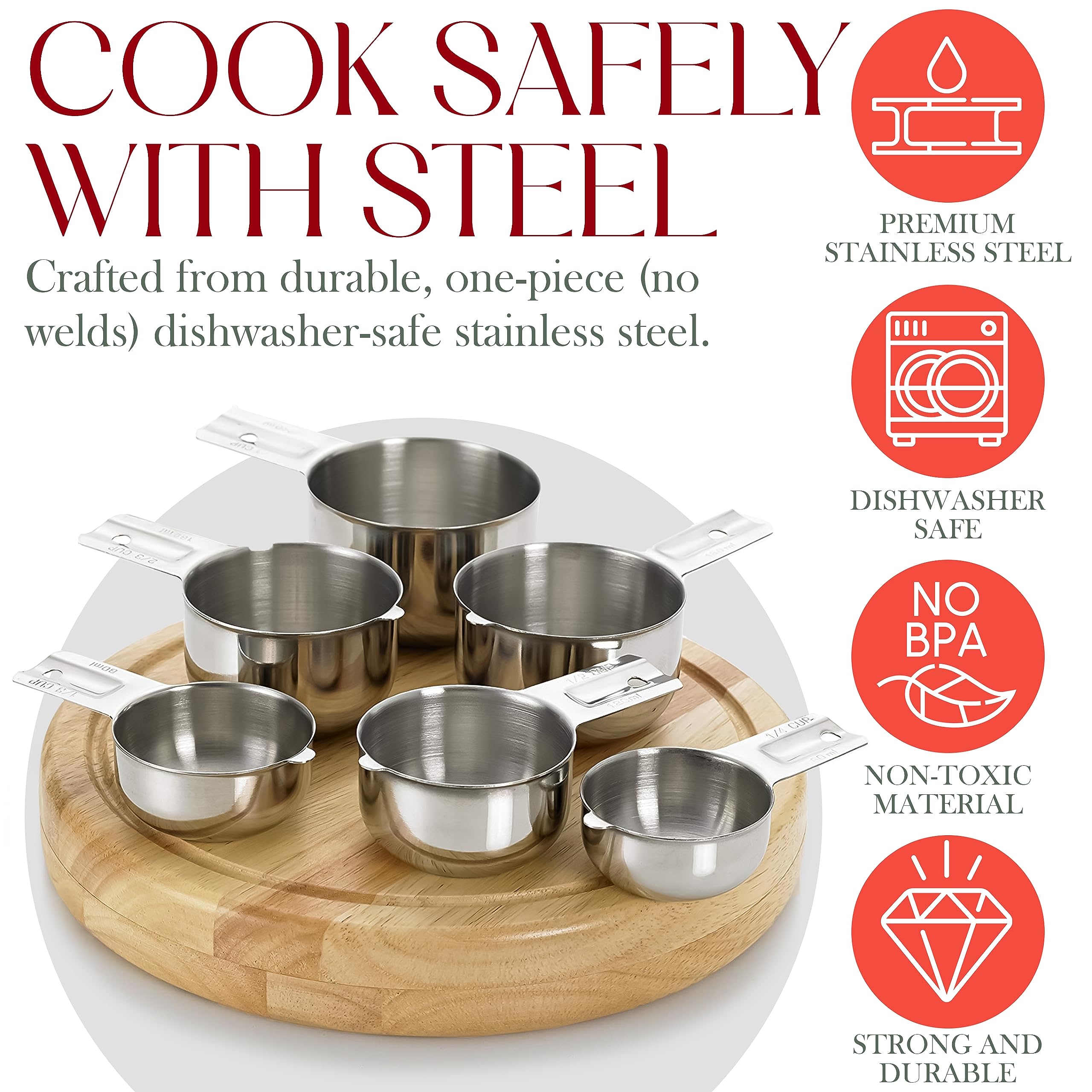 Bellemain flat-bottom measuring cups provide stable placement on countertops.