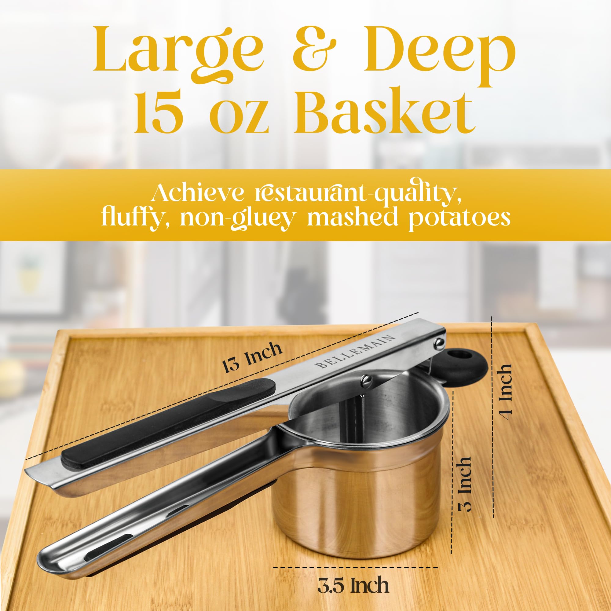 Bellemain green-handle ricer shown in action for fluffy mashed potatoes