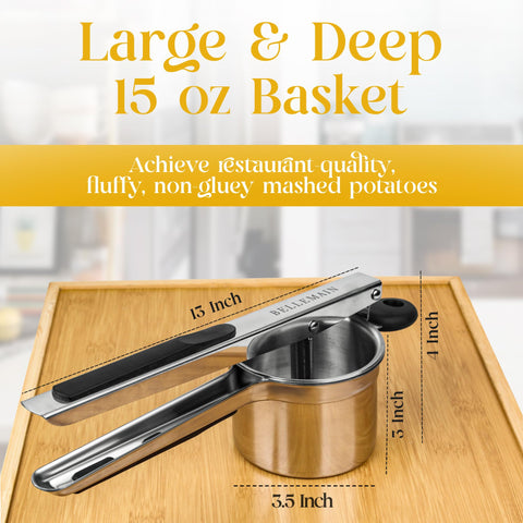 Bellemain green-handle ricer shown in action for fluffy mashed potatoes