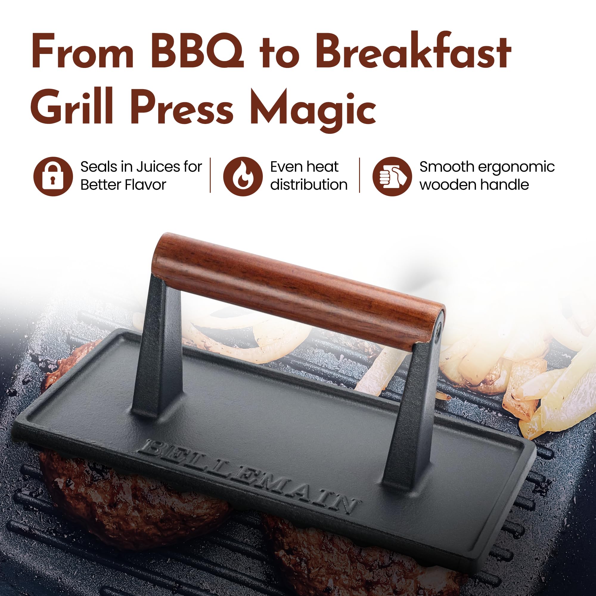 Bellemain grill press delivering sizzling sear on meat