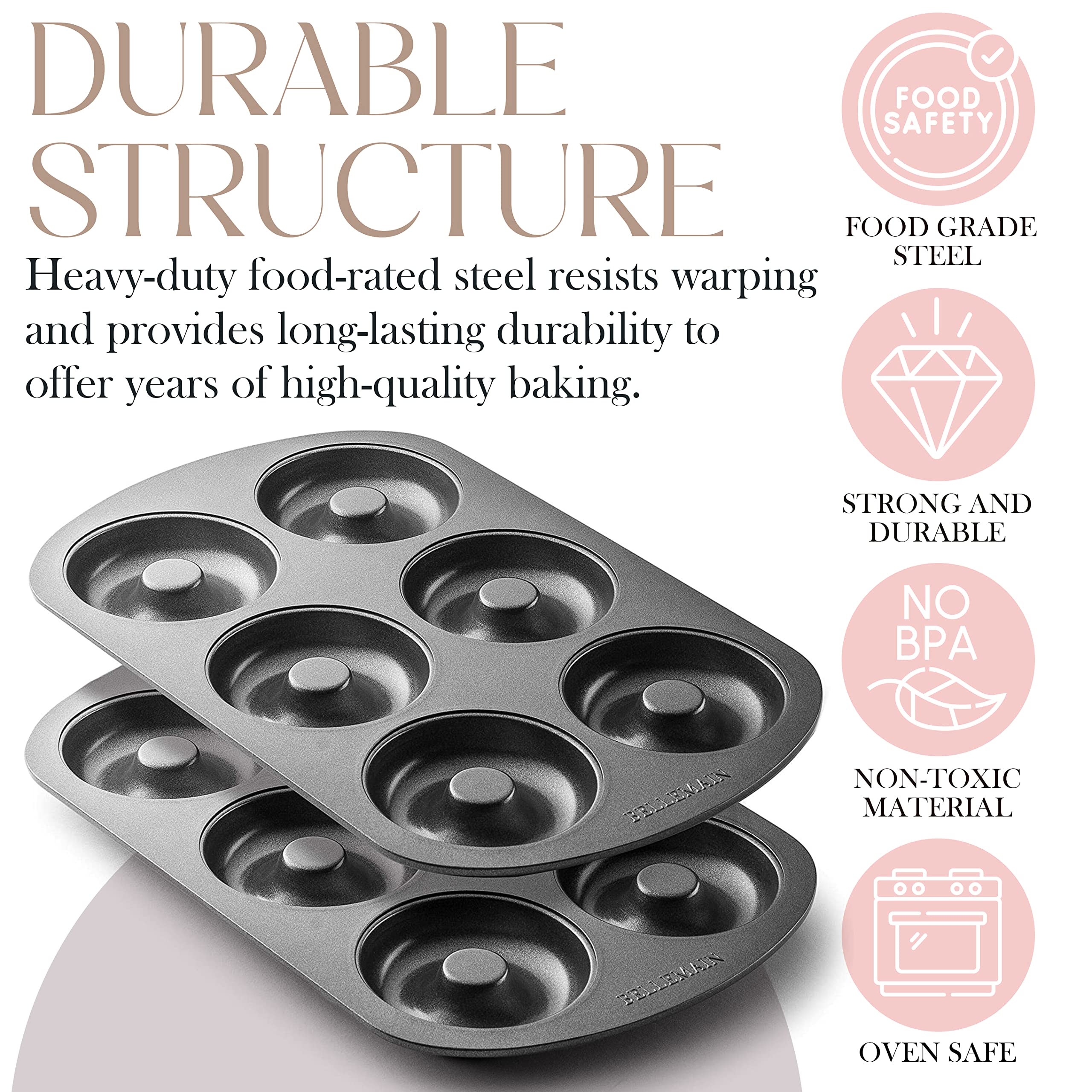 Bellemain Premiere Donut Pan shows 12.5 x 8.5 inch size for generous portions.