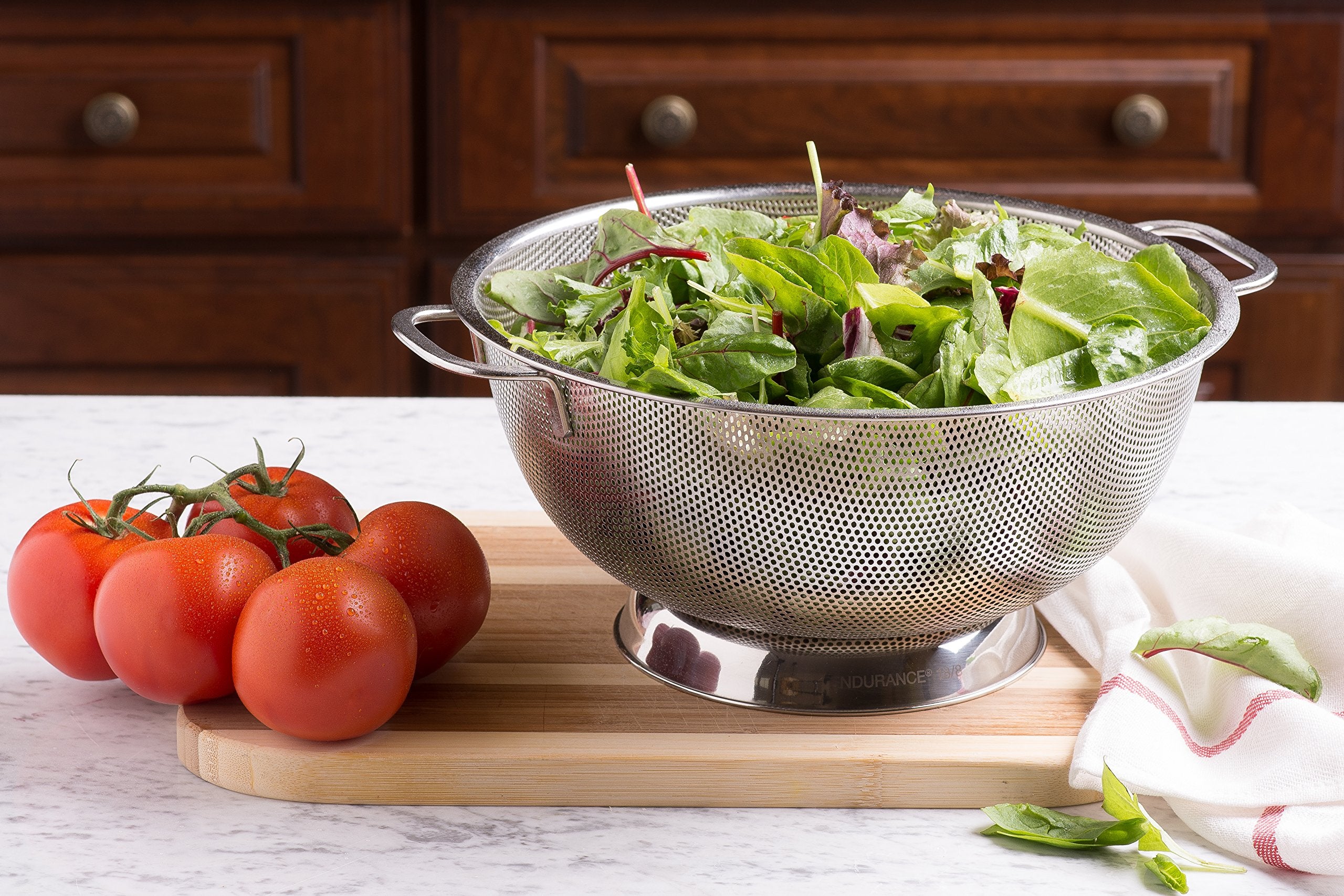 Bellemain small-hole design strains beans and grains without clogging.