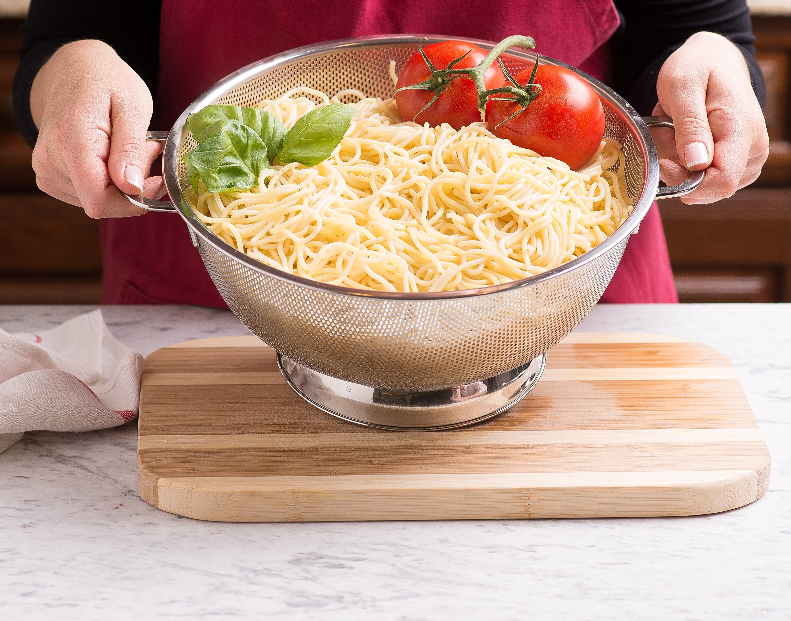 Bellemain colander with stable draining ring base prevents tipping during use.