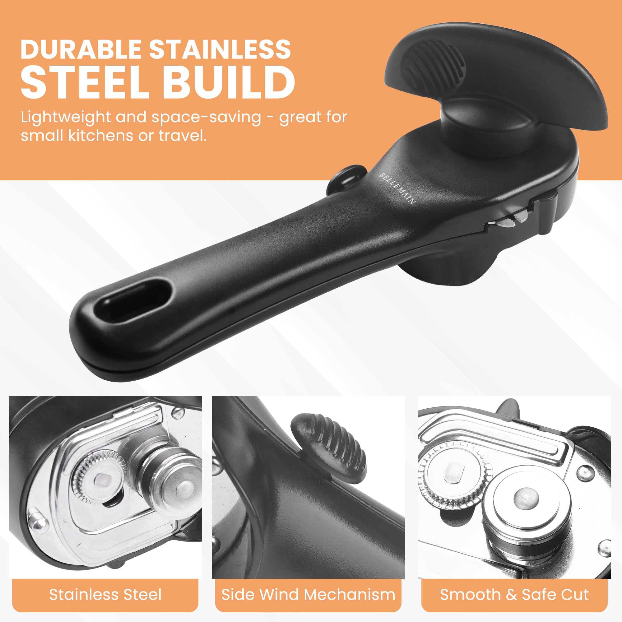 Bellemain can opener with ergonomic non-slip handle for arthritic hands.