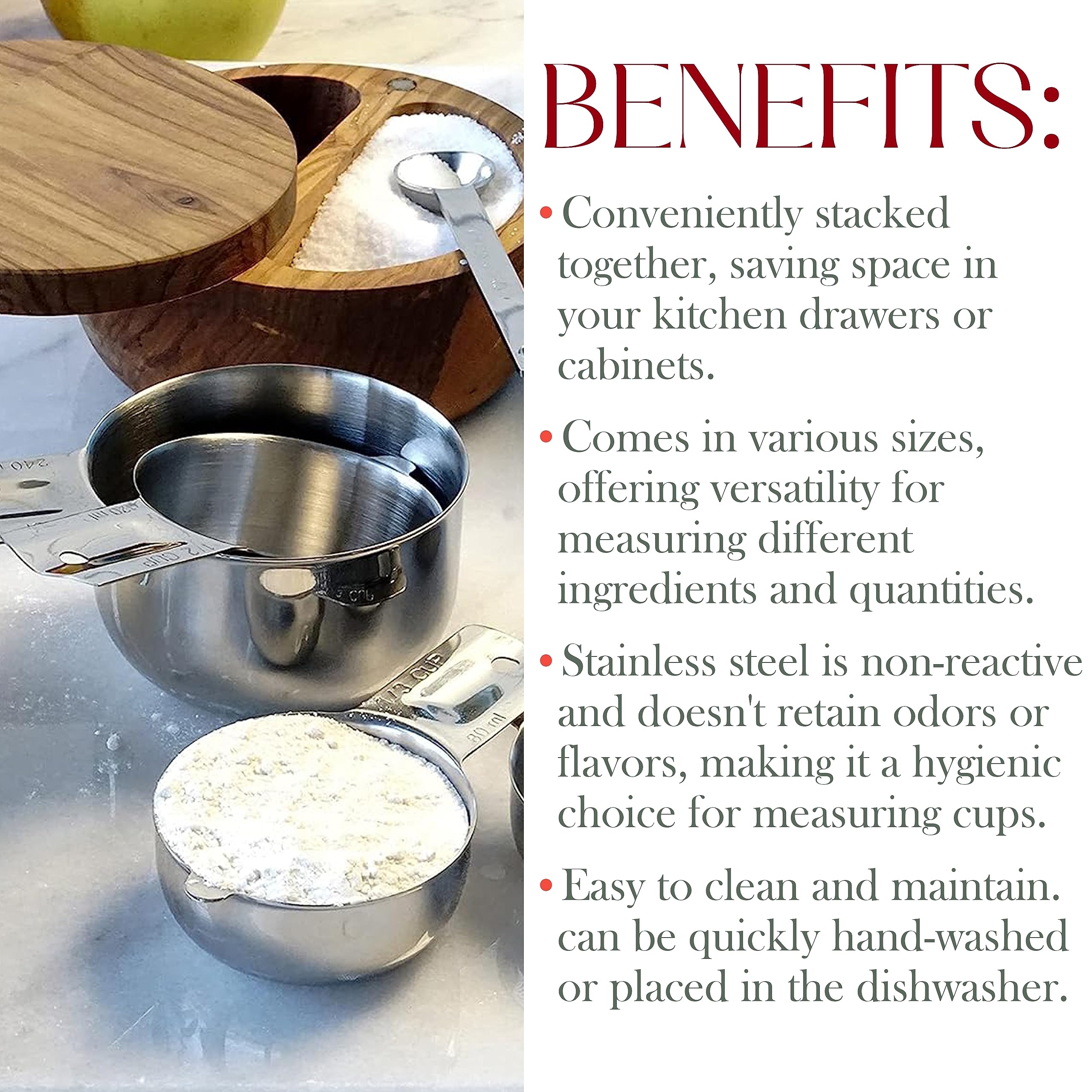 Bellemain stainless steel measuring cups resist rust for daily cooking.