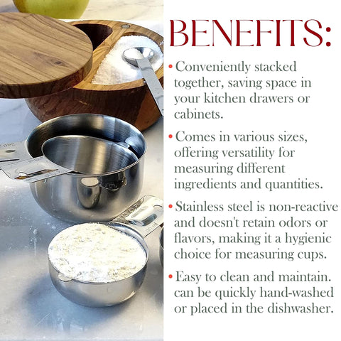 Bellemain stainless steel measuring cups resist rust for daily cooking.