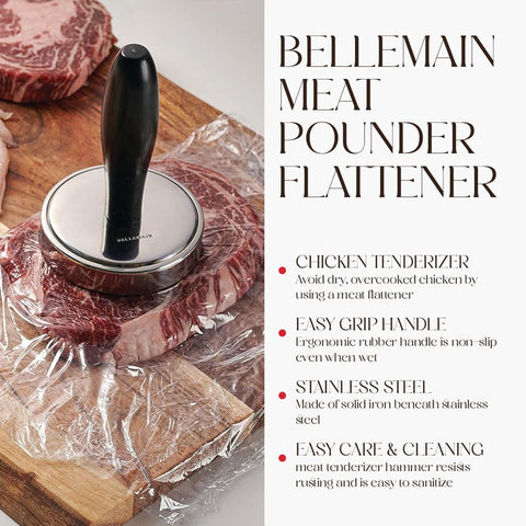 Bellemain stainless steel meat tenderizer shows durable, rust-resistant build