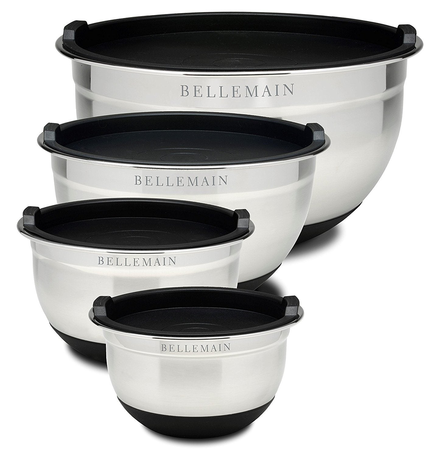 Bellemain stainless steel mixing bowls with airtight lids in four sizes for prep and storage