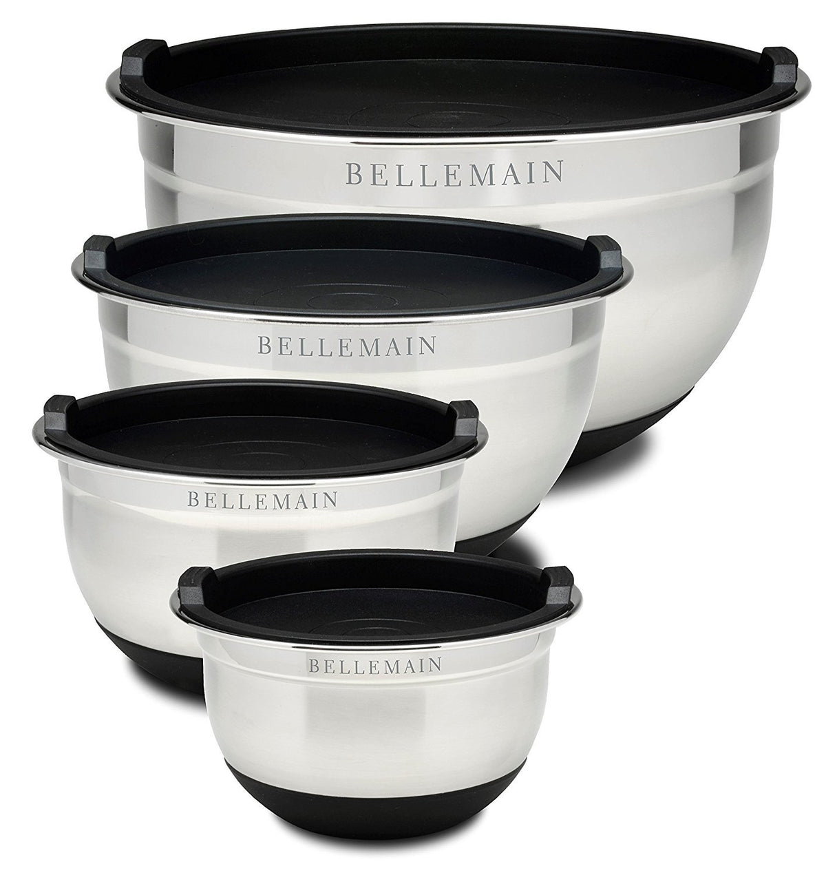 Bellemain stainless steel mixing bowls with airtight lids in four sizes for prep and storage