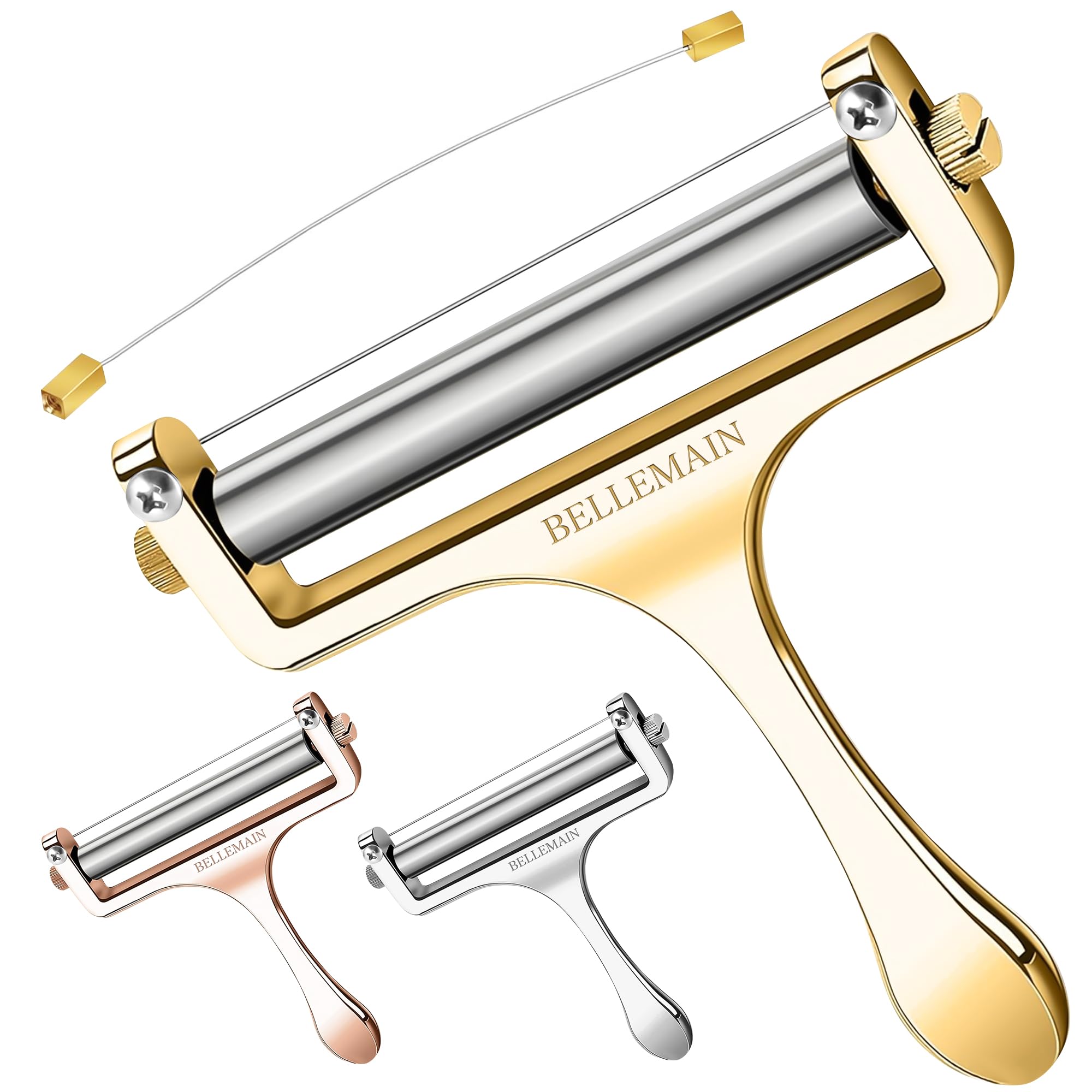 Bellemain adjustable-thickness wire cheese slicer in gold for precise slices.