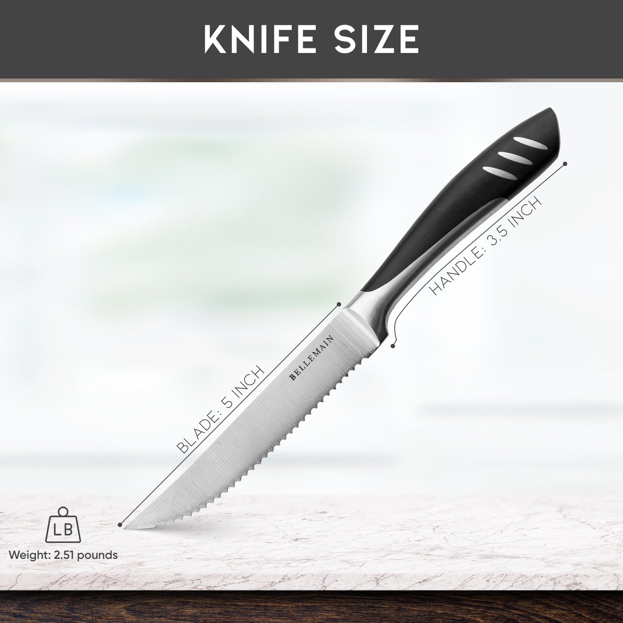 Bellemain steak knife blade detail shows sharp, rust-free blades for clean cuts.