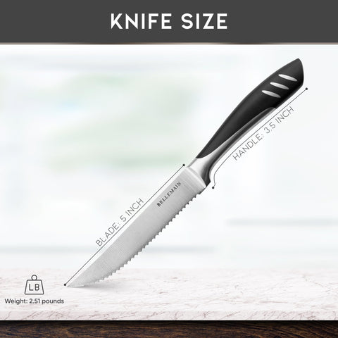 Bellemain steak knife blade detail shows sharp, rust-free blades for clean cuts.