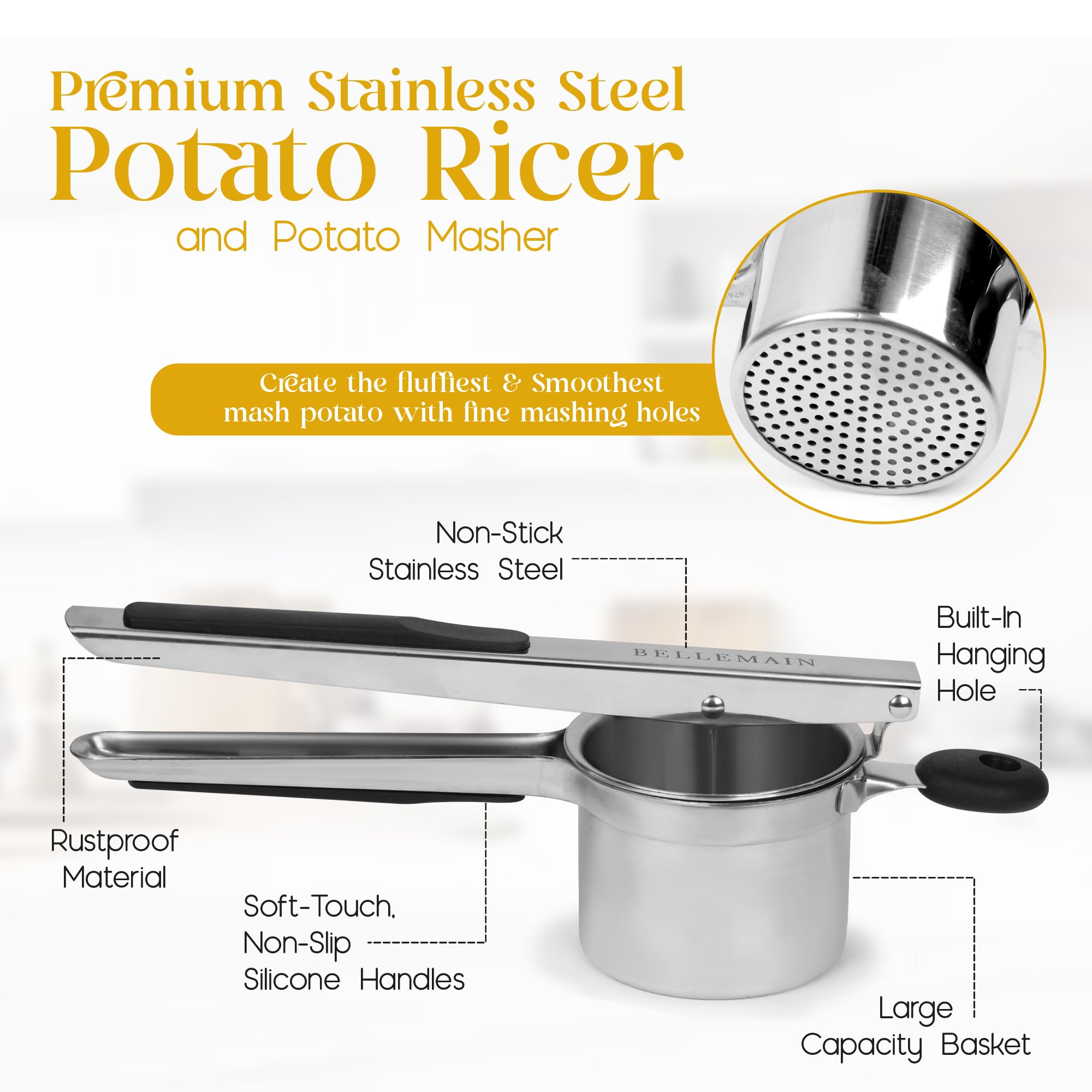 Bellemain potato ricer with three discs offering multiple texture options