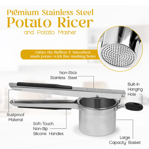 Bellemain potato ricer with three discs offering multiple texture options