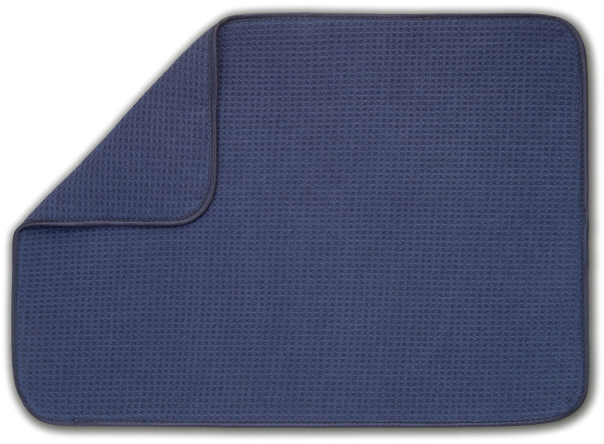 Bellemain XXL dish mat in navy safely fits a full sink of dishes.