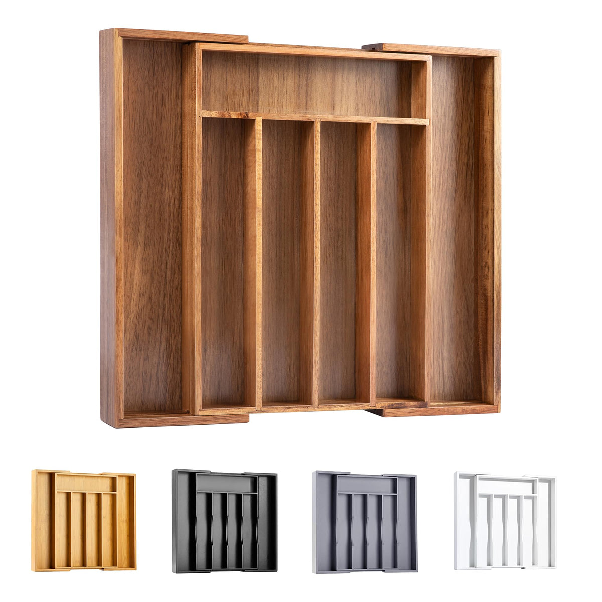 Bellsal Acacia Silverware Organizer in a drawer with multiple compartments for easy access.