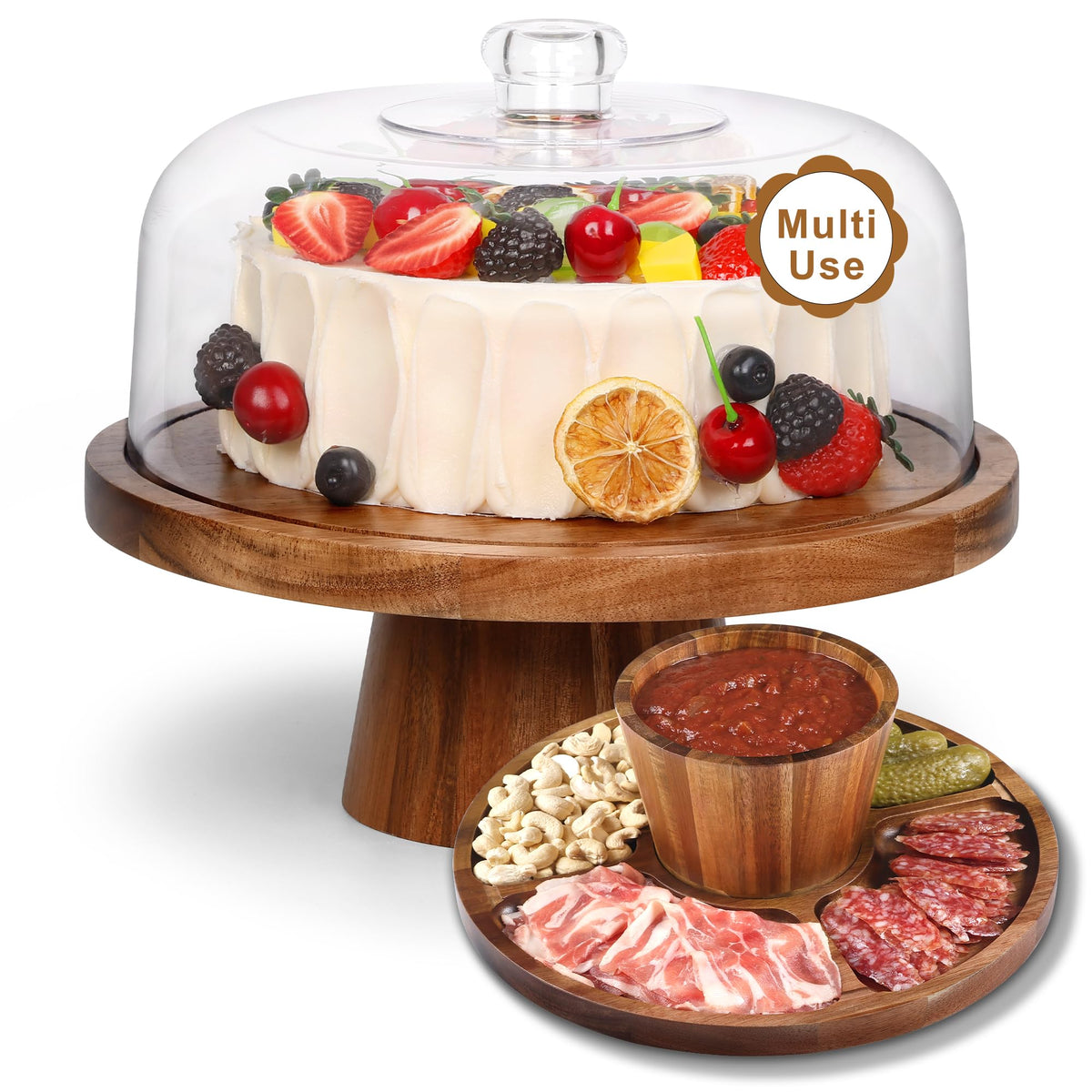 Bellsal acacia wood cake stand with dome lid displaying cakes safely and elegantly.