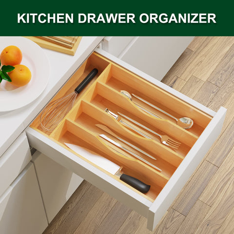 Bellsal bamboo drawer organizer with five compartments keeps utensils tidy