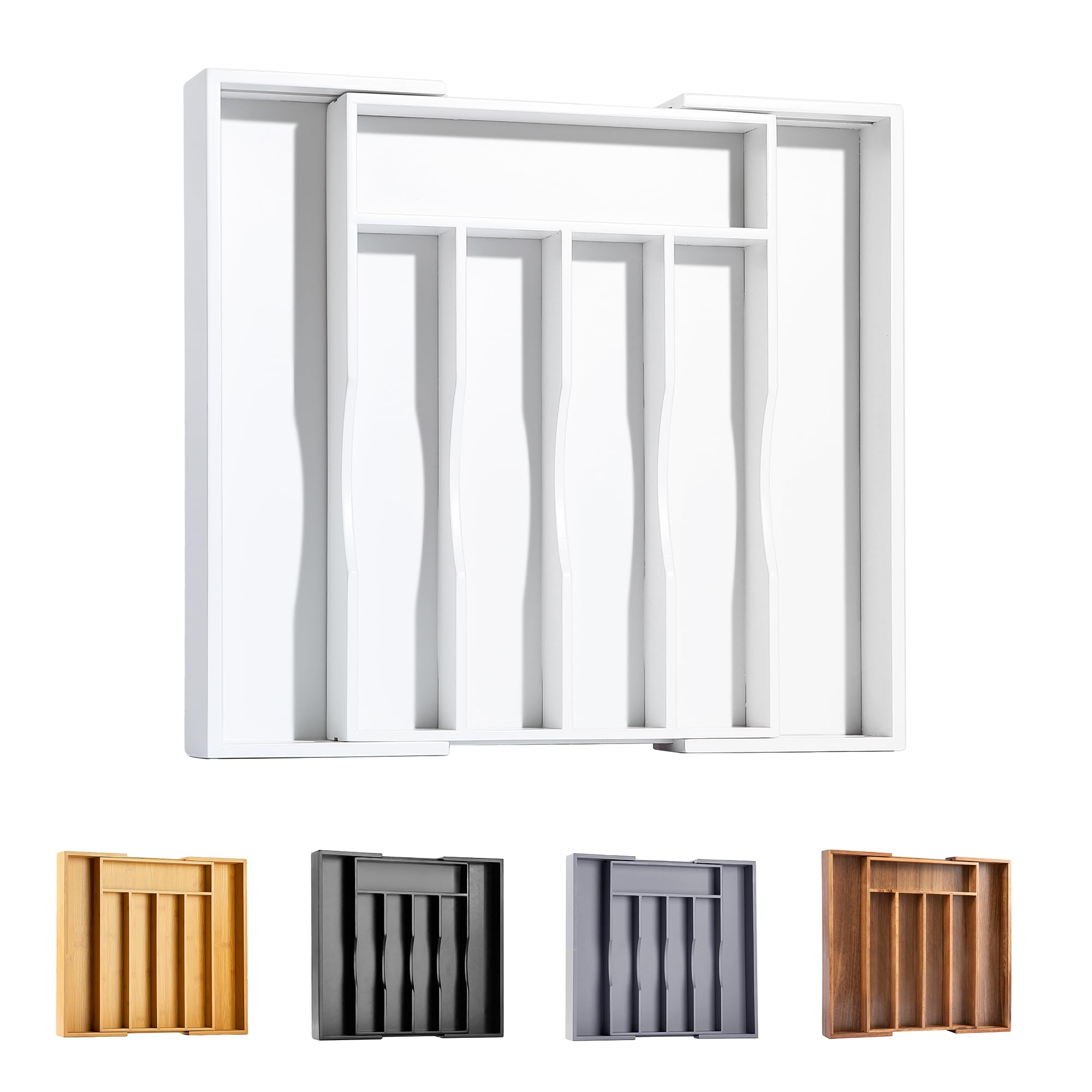 Bellsal bamboo silverware organizer in-drawer keeps utensils neatly arranged.