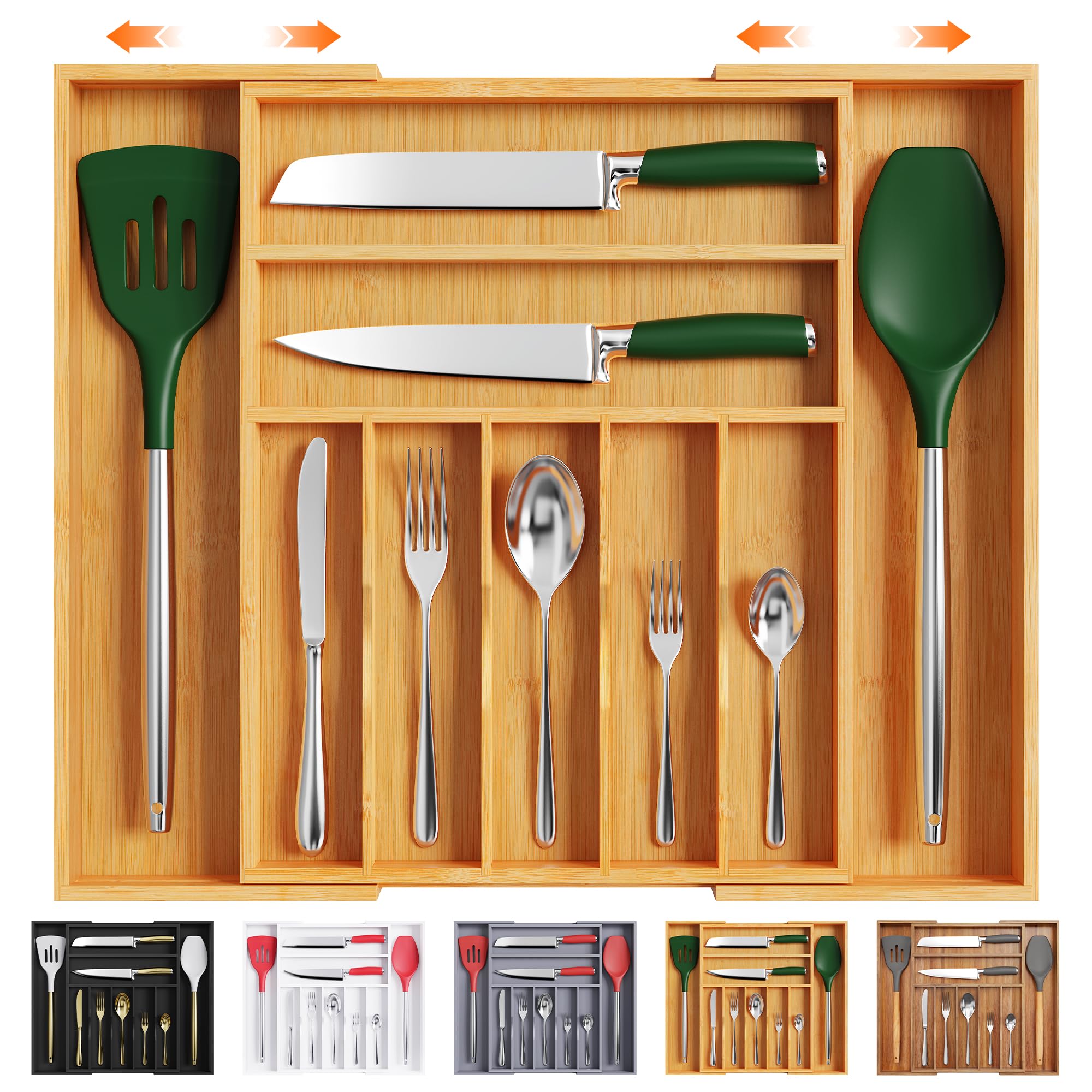 Bellsal bamboo silverware organizer in drawer keeps cutlery neatly organized for quick access.