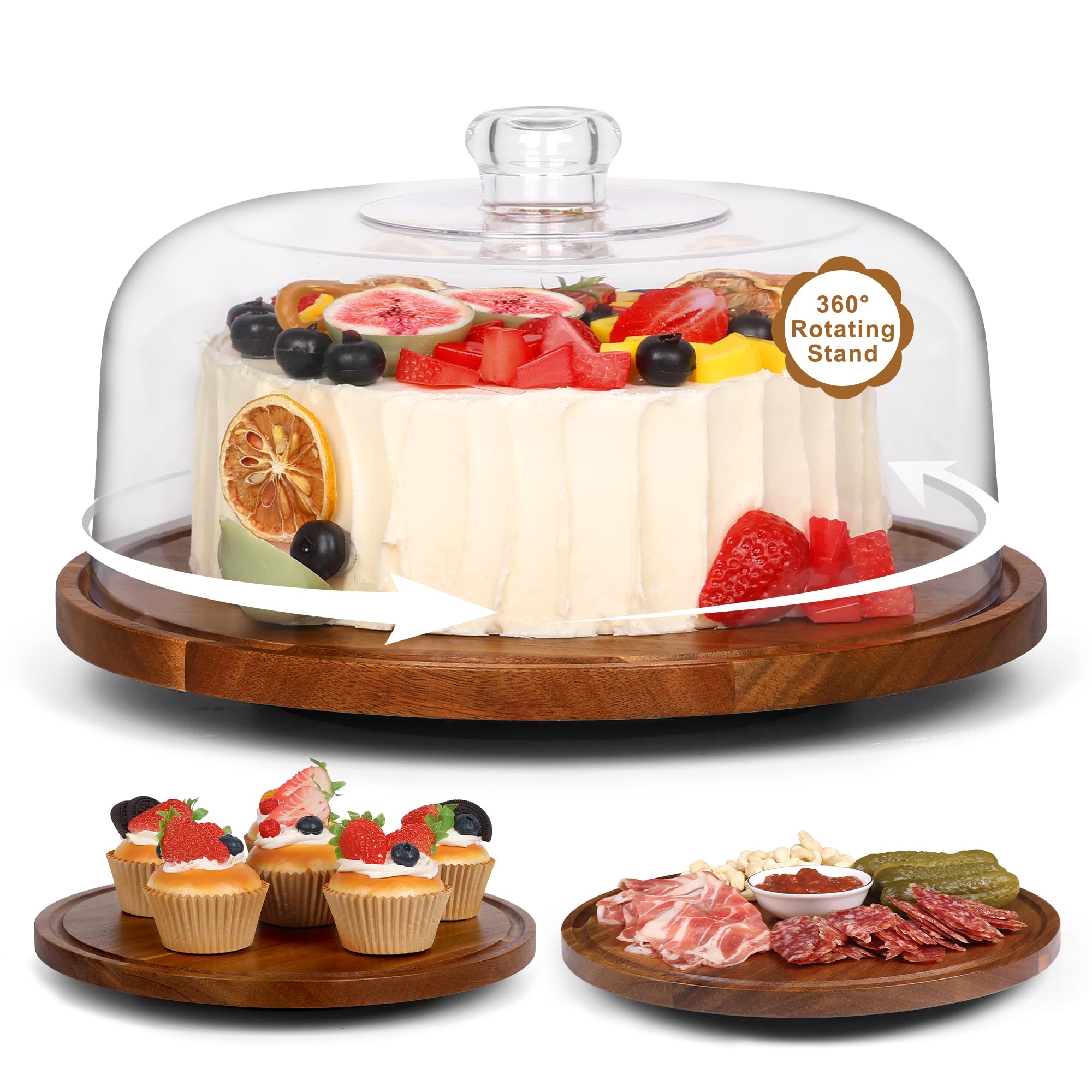 Bellsal cake stand with dome lid in acacia wood for secure cake display