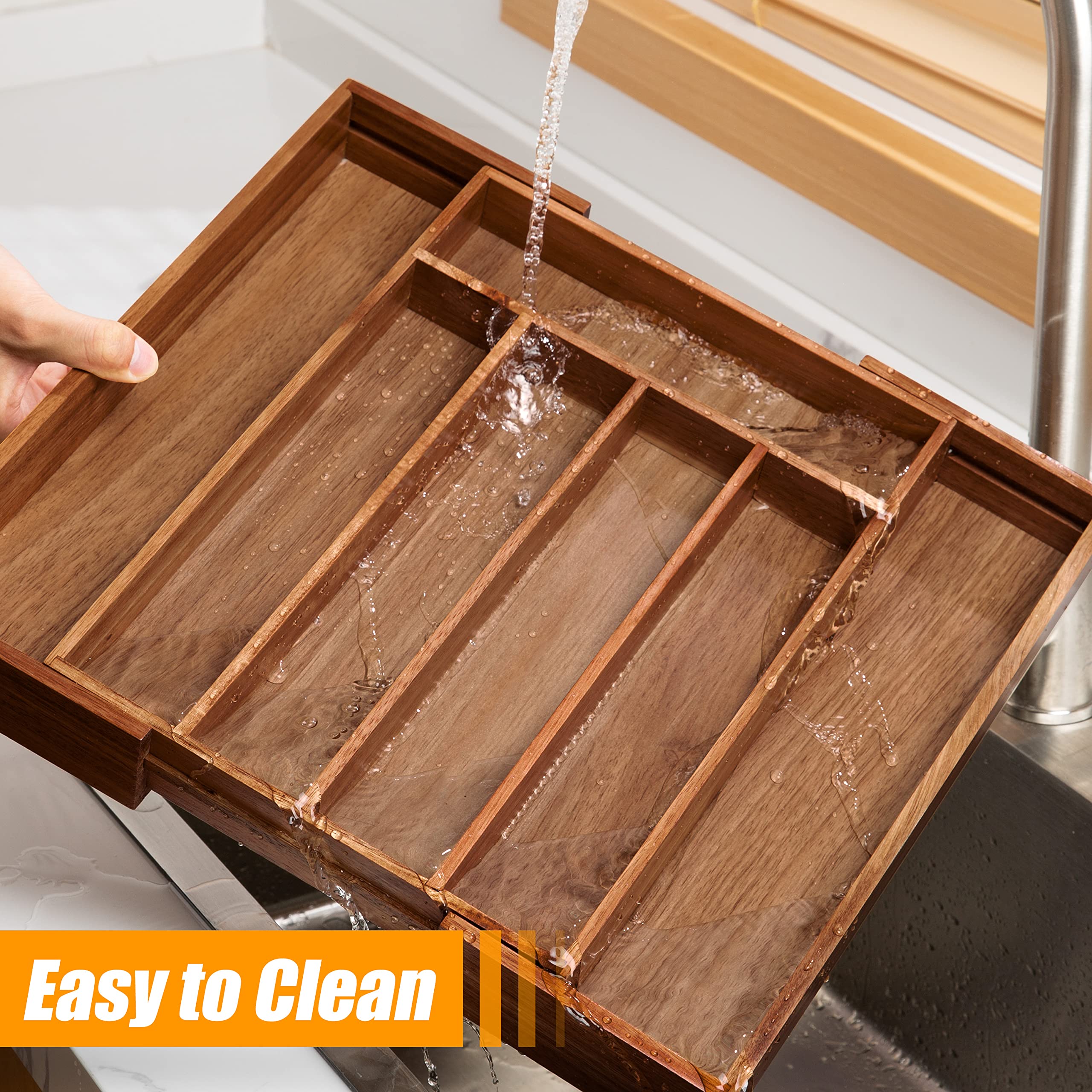 Bellsal Drawer Organizer with five to seven compartments for tidy utensils.
