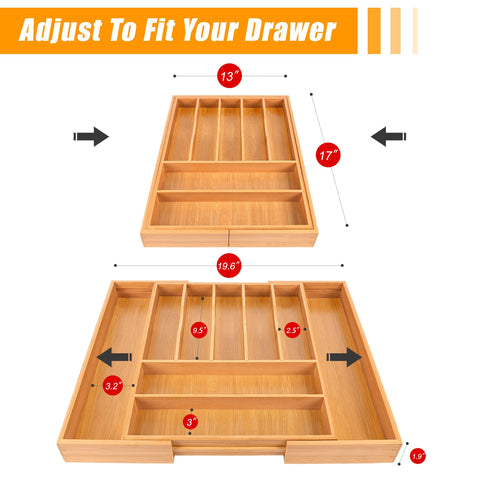 Bellsal expandable silverware drawer tray adjusts width for flexible kitchen storage.