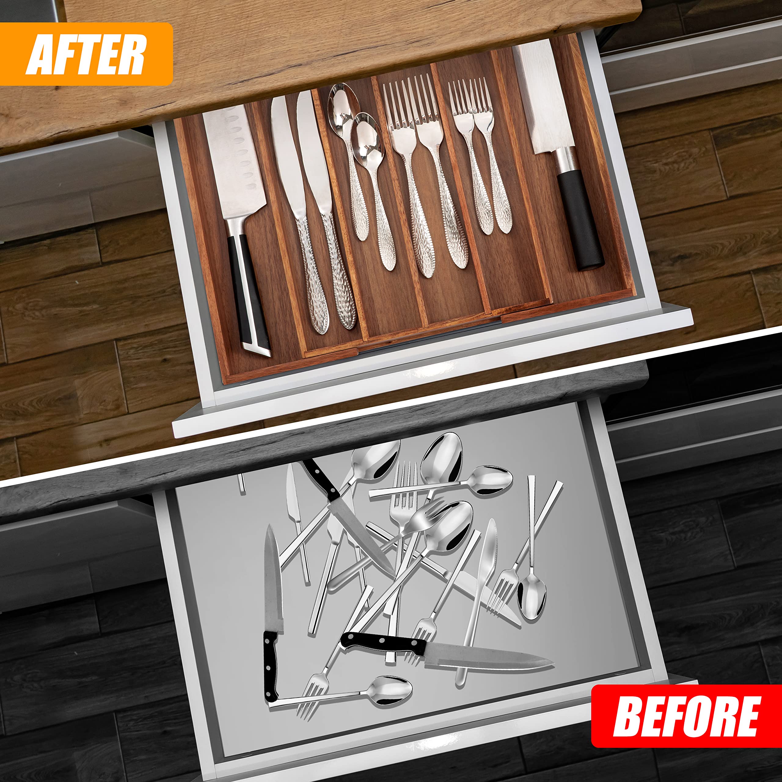 Bellsal Expandable Silverware Tray adapts from 10 to 15 inches for a perfect drawer fit.