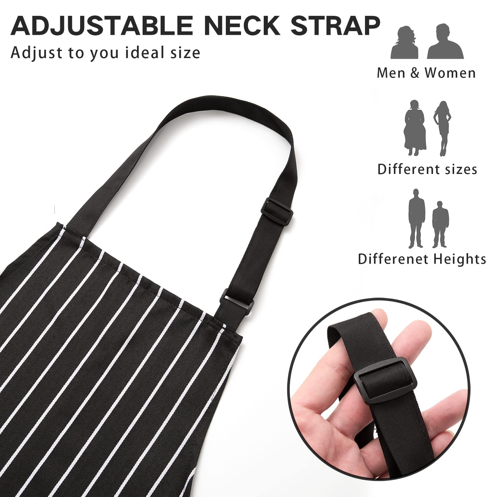 BeLuyi adjustable bib apron showing neck and waist adjustability for a custom fit.