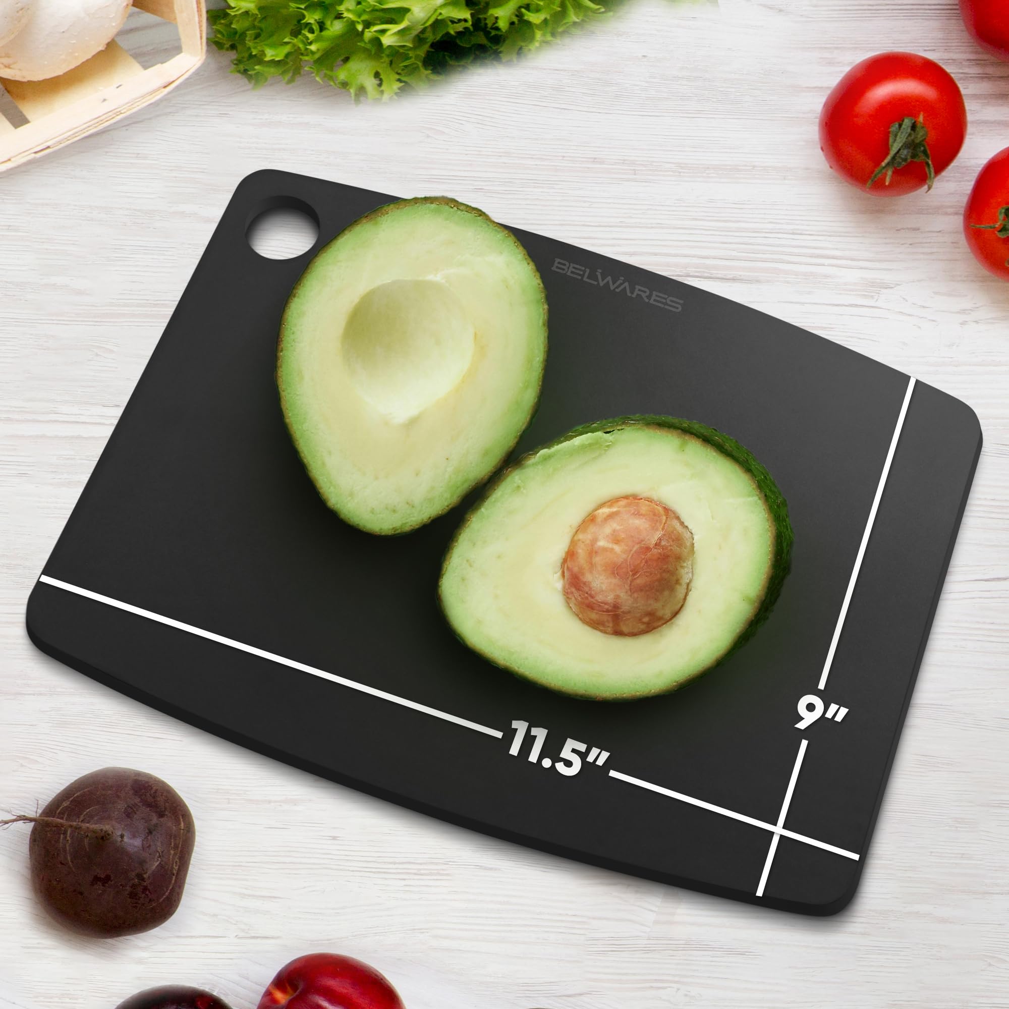 Belwares composite wood cutting board, dishwasher safe for quick cleanup.