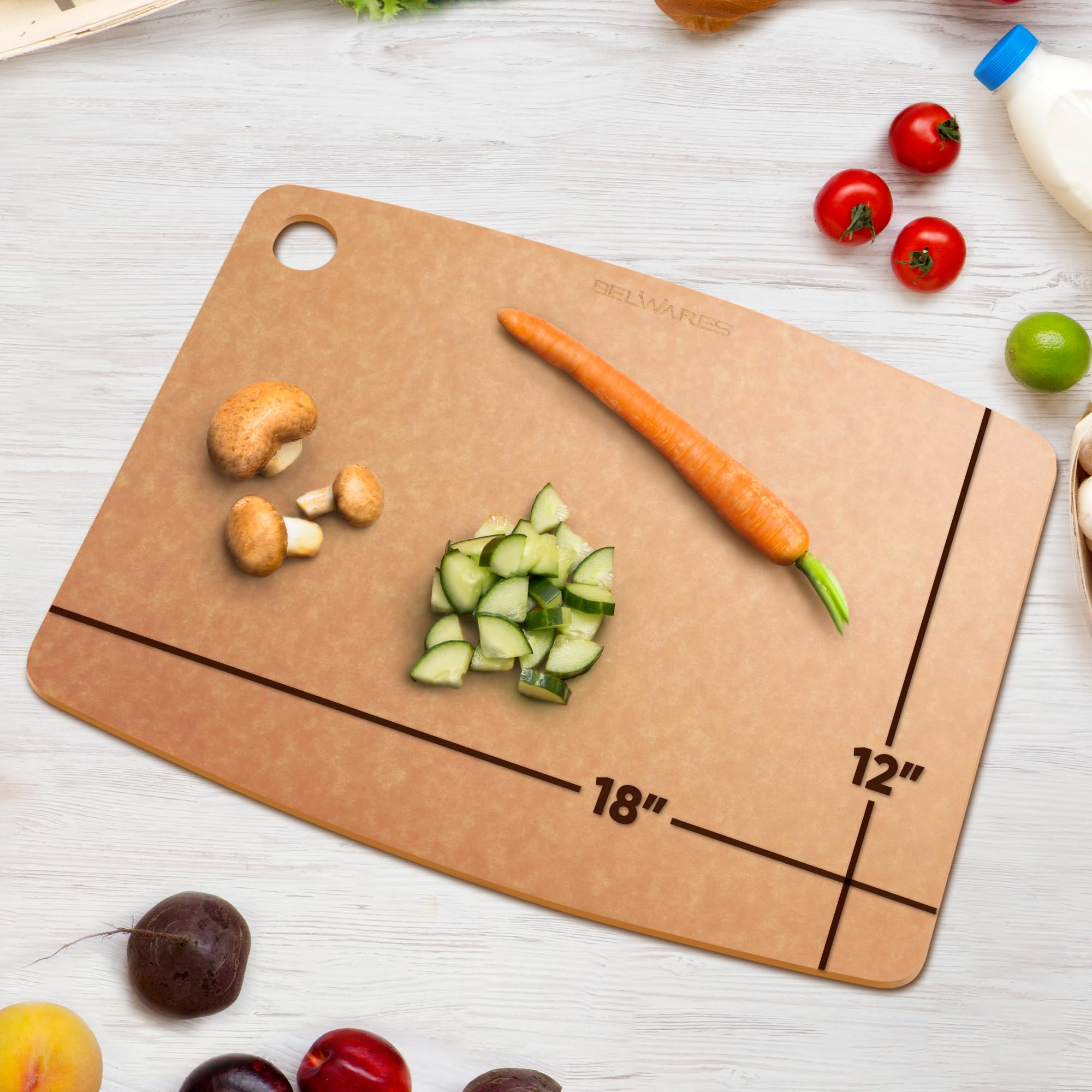 Belwares composite wood board with knife-friendly surface enables precise slicing.
