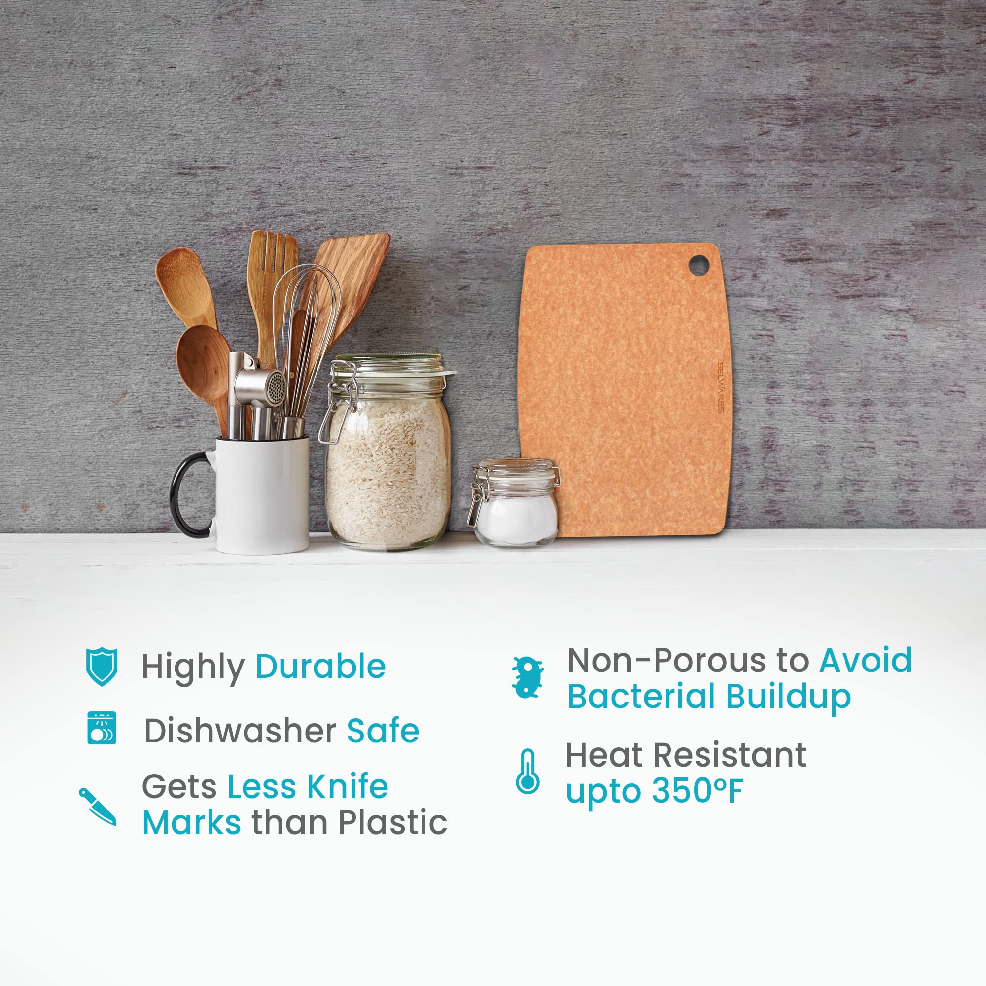 Belwares knife-friendly surface helps protect blades and reduces marks.