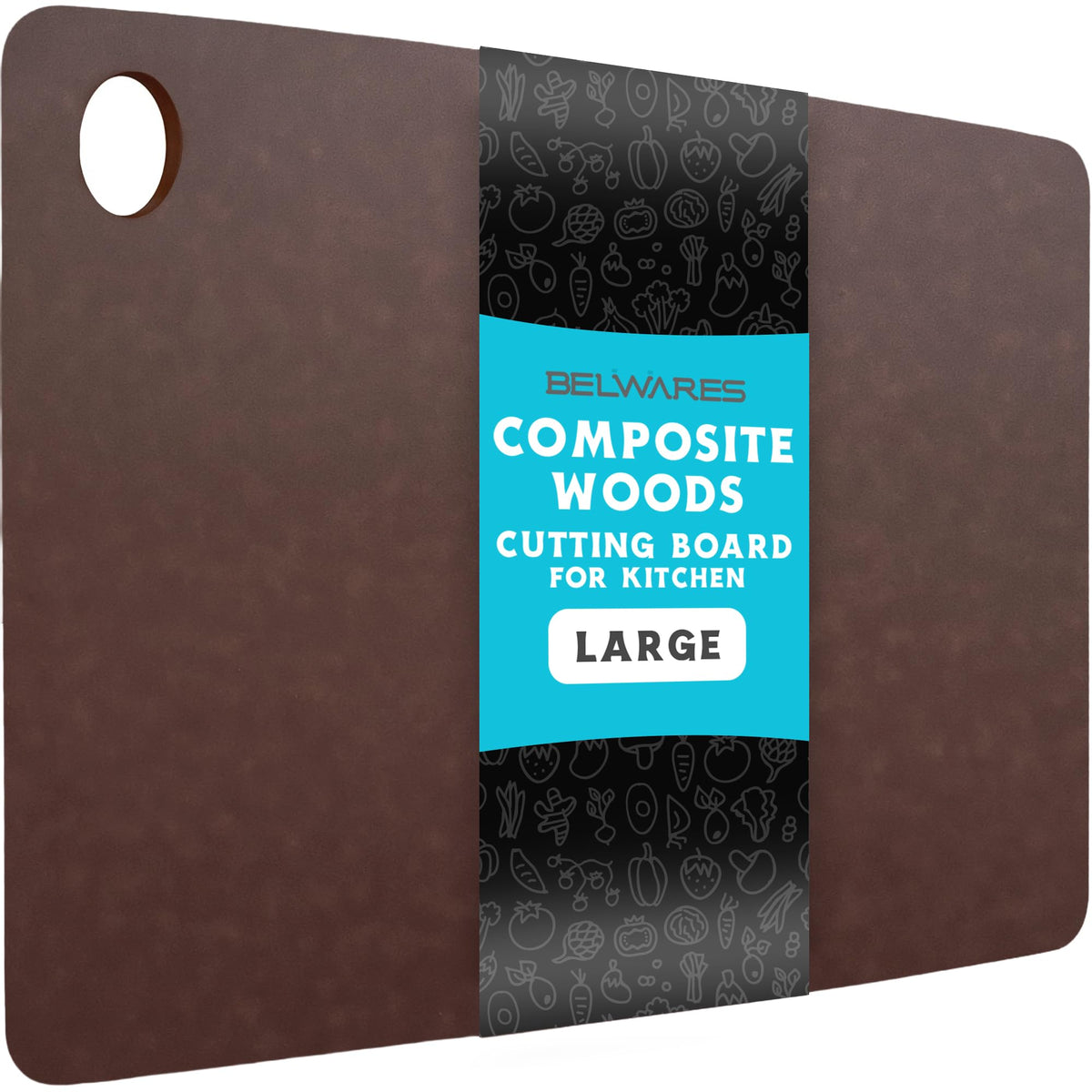Belwares Nutmeg Brown cutting board shown for dishwasher-safe cleaning