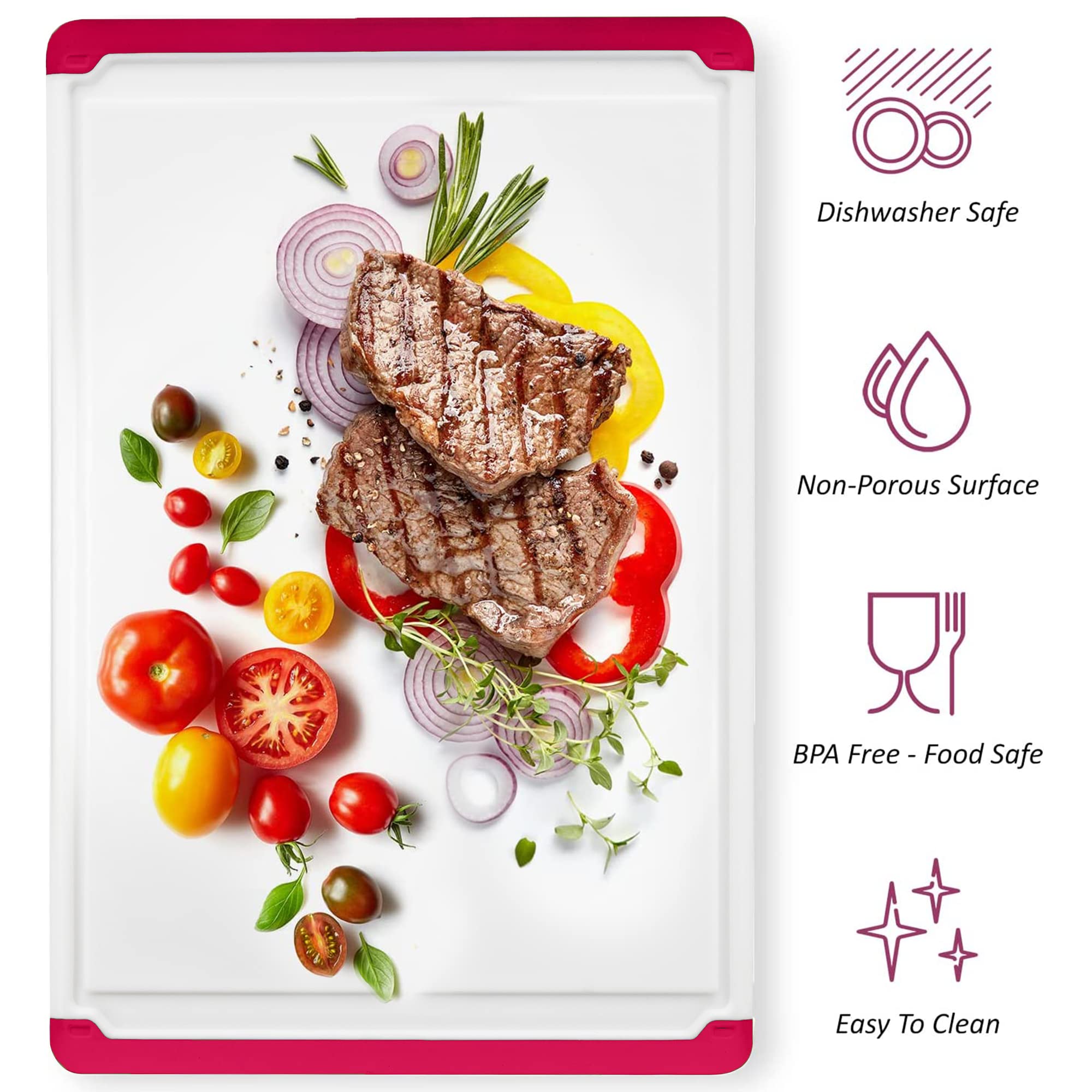 Belwares red cutting board is dishwasher safe for quick cleanup after meals.