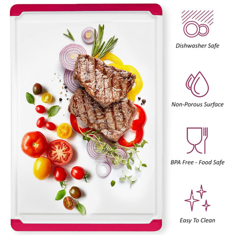 Belwares red cutting board is dishwasher safe for quick cleanup after meals.