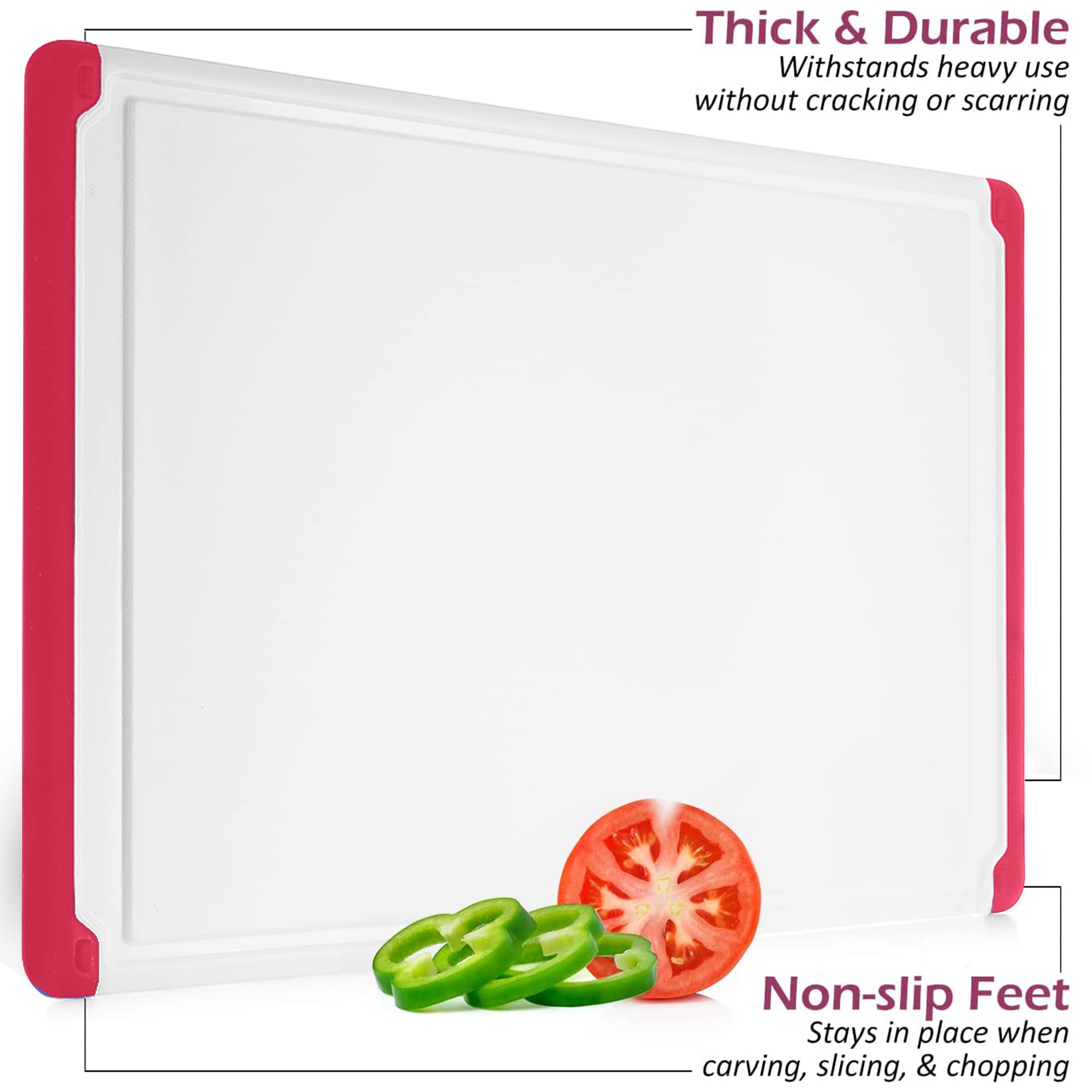 Belwares cutting board red with easy-grip handles for portable use.