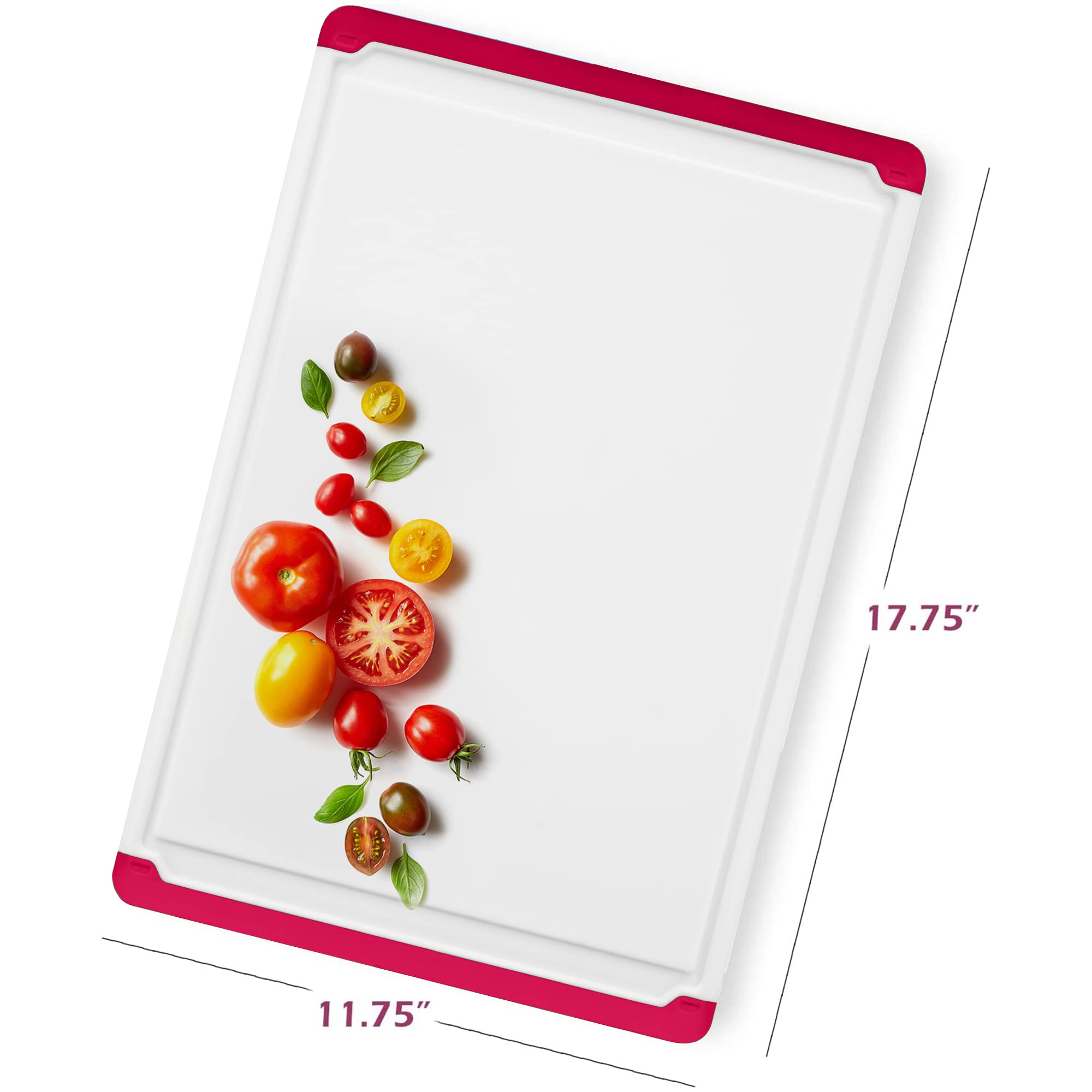Belwares red cutting board shows deep juice grooves for cleaner prep.
