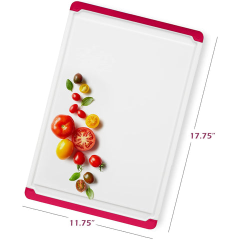 Belwares red cutting board shows deep juice grooves for cleaner prep.